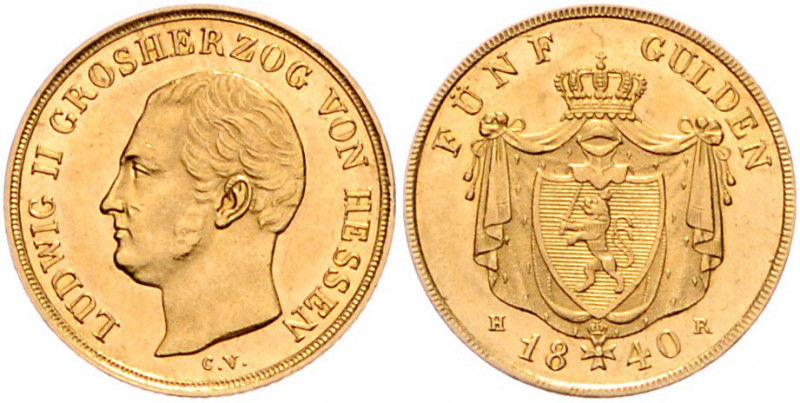 HESSEN-DARMSTADT, Ludwig II., 1830-1848, 5 Gulden 1840 HR. 3,36g.
GOLD, kl.Kr.,...