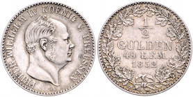 HOHENZOLLERN-SIGMARINGEN, Friedrich Wilhelm IV. von Preussen, 1849-1861, 1/2 Gulden 1852 A.
f.vz
AKS 21; J.22; KM 4