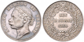 NASSAU, Adolph, 1839-1866, Vereinstaler 1864. 25jähriges Regierungsjubiläum.
ss/vz
AKS 77; T.238; Dav.750