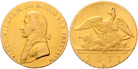 PREUSSEN, Friedrich Wilhelm III., 1797-1840, Doppelfriedrichs d'or 1811 A. 13,26g.
GOLD, ss
AKS 1; J.105; Frbg.2421
