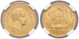 PREUSSEN, Friedrich Wilhelm III., 1797-1840, Doppelfriedrichs d'or 1830 A. 13,4g.
GOLD, Prachtex., NGC MS61
AKS 2; J.110