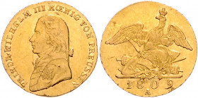 PREUSSEN, Friedrich Wilhelm III., 1797-1840, Friedrichs d'or 1809 A. 6,62g.
GOLD, kl.Kr., ss+
AKS 3; J.104A