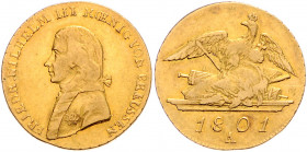 PREUSSEN, Friedrich Wilhelm III., 1797-1840, Doppelfriedrichs d'or 1801 A, Berlin. 13,22g.
GOLD, ss
J.105; v.Schr.1; Frbg.2421; KM 381