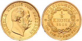 PREUSSEN, Wilhelm I., 1861-1888, 1/2 Krone 1868 A, Berlin. 5,54g.
GOLD, min.Rdf., vz
AKS 94; J.119A; KM 493