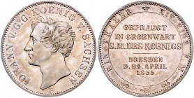 SACHSEN, Johann, 1854-1873, Taler 1855 F. Münzbesuch.
kl.Kr., vz+
AKS 156; T.334; Dav.885