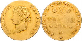 WESTFALEN, Hieronymus Napoleon, 1807-1813, 10 Taler 1813 B, Braunschweig. 13,14g.
GOLD, f.ss
AKS 2; J.26; Frbg.3513
