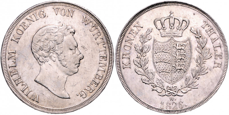 WÜRTTEMBERG, Wilhelm I., 1816-1864, Kronentaler 1826.
viele Kratzer, ss
AKS 66...