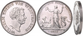 *WÜRTTEMBERG, Wilhelm I., 1816-1864, Kronentaler 1833 W-D. Handelsfreiheit durch Eintracht. Dickabschlag mit glattem Rand. 36,25g.
winz.Rdf., winz.Kr...