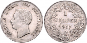 WÜRTTEMBERG, Wilhelm I., 1816-1864, Gulden 1837 AD.
kl.Sf., ss+
AKS 84; J.63