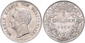 WÜRTTEMBERG, Wilhelm I., 1816-1864, Gulden 1838 (im Stempel 8 über 7).
ss+
AKS 84; J.63