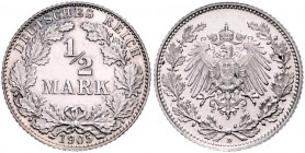 KLEINMÜNZEN, 1/2 Mark 1905 D.
min.berührte PP
J.16