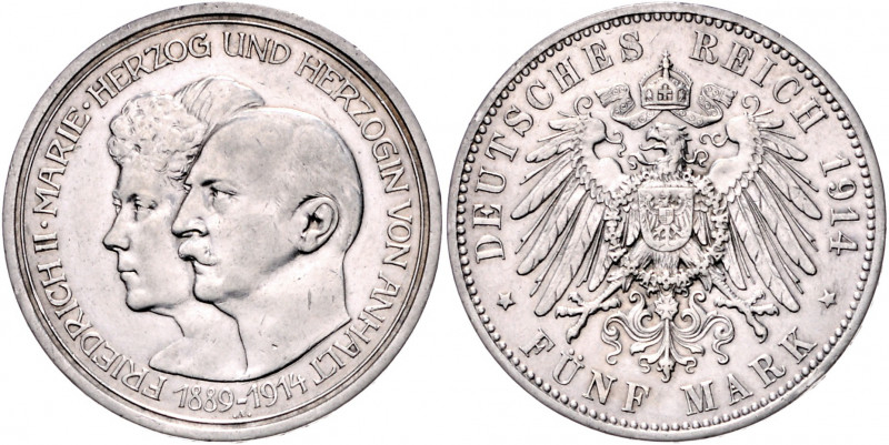 ANHALT, Friedrich II., 1904-1918, 5 Mark 1914 A. Silberhochzeit.
ss/vz
J.25