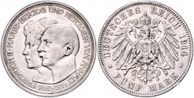 ANHALT, Friedrich II., 1904-1918, 5 Mark 1914 A. Silberhochzeit.
ss/vz
J.25