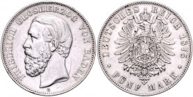 BADEN, Friedrich I., 1856-1907, 5 Mark 1875 G.
ss
J.27