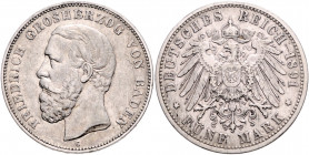 BADEN, Friedrich I., 1856-1907, 5 Mark 1891 G. Ohne Querstrich im A.
ss/vz
J.29F