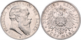 BADEN, Friedrich I., 1856-1907, 5 Mark 1907 G.
kl.Kr., vz
J.33