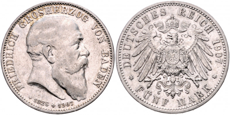 BADEN, Friedrich I., 1856-1907, 5 Mark 1907 G. Sein Tod.
ss/vz
J.37