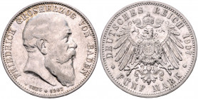 BADEN, Friedrich I., 1856-1907, 5 Mark 1907 G. Sein Tod.
ss/vz
J.37