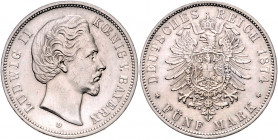 BAYERN, Ludwig II., 1864-1886, 5 Mark 1874 D.
ss/vz
J.42