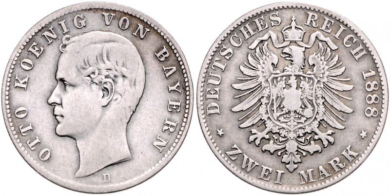 BAYERN, Otto, 1886-1913, 2 Mark 1888 D.
selten, ss
J.43