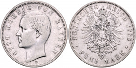 BAYERN, Otto, 1886-1913, 5 Mark 1888 D.
selten, ss+
J.44