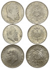 BAYERN, Luitpold, 1886-1912, 2 Mark 1911 D. 90.Geburtstag(vz+); 3 Mark 1911 D. 90.Geburtstag(vz+); Ludwig III., 3 Mark 1914 D(vz).
3 Stk., vz+(2), vz...