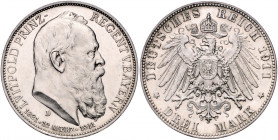 BAYERN, Luitpold, 1886-1912, 3 Mark 1911 D. 90.Geburtstag.
ber., vz aus PP
J.49
