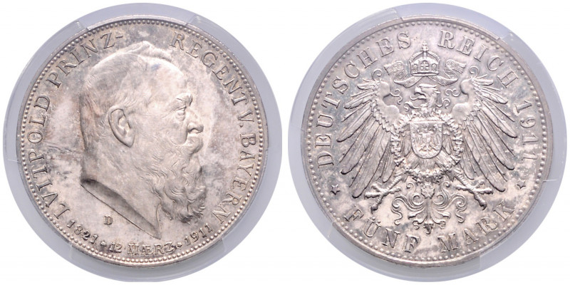 BAYERN, Luitpold, 1886-1912, 5 Mark 1911 D. 90.Geburtstag.
PCGS MS63 PL
J.50