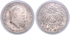 BAYERN, Luitpold, 1886-1912, 5 Mark 1911 D. 90.Geburtstag.
PCGS MS63 PL
J.50