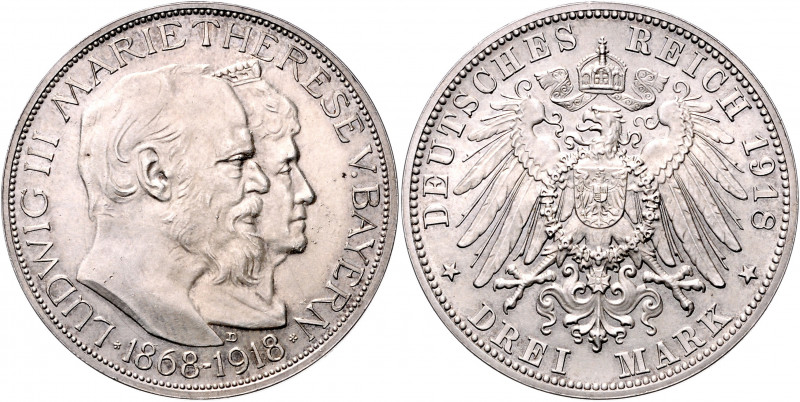 BAYERN, Ludwig III., 1913-1918, 3 Mark 1918 D, a.d. Goldene Hochzeit von König L...