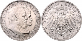 BAYERN, Ludwig III., 1913-1918, 3 Mark 1918 D, a.d. Goldene Hochzeit von König Ludwig III.(1845-1921) und Königin Marie von Bayern(1849-1919) am 20.02...