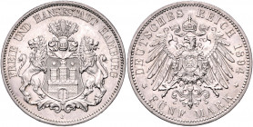 HAMBURG, Freie und Hansestadt, 5 Mark 1894 J.
vz+
J.65