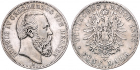 HESSEN, Ludwig IV., 1877-1892, 5 Mark 1888 A.
selten, ss/vz
J.69