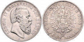 HESSEN, Ludwig IV., 1877-1892, 5 Mark 1888 A.
selten, ss/vz
J.69