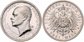 HESSEN, Ernst Ludwig, 1892-1918, 3 Mark 1917 A. 25jähr. Reg.-Jub.
kl.Kr., sehr selten, PP
J.77