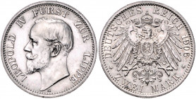 LIPPE, Leopold IV., 1904-1918, 2 Mark 1906 A.
kl.Kr., vz-st
J.78