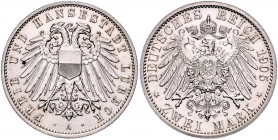 LÜBECK, Freie und Hansestadt, 2 Mark 1905 A.
gereinigt, vz
J.81