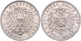 LÜBECK, Freie und Hansestadt, 5 Mark 1907 A.
ss/vz
J.83