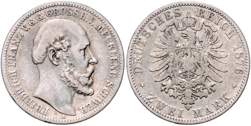 MECKLENBURG-SCHWERIN, Friedrich Franz II., 1842-1883, 2 Mark 1876 A.
s/ss
J.84