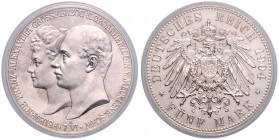 MECKLENBURG-SCHWERIN, Friedrich Franz IV., 1897-1918, 5 Mark 1904 A. Hochzeit mit Alexandra.
PCGS PR63
J.87