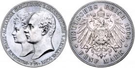 MECKLENBURG-SCHWERIN, Friedrich Franz IV., 1897-1918, 5 Mark 1904 A. Hochzeit mit Alexandra.
dunkle Patina, vz
J.87