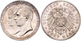 MECKLENBURG-SCHWERIN, Friedrich Franz IV., 1897-1918, 5 Mark 1904 A. Hochzeit mit Alexandra.
f.st/Erstabschlag
J.87