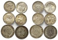 PREUSSEN, Wilhelm I., 1861-1888, 5 Mark 1874 A (ss), 1876 A (s/ss). Wilhelm II. 3 Mark 1908 A (ss), 1910 A Uni Berlin (vz), 1913 A Befreiungskriege (v...