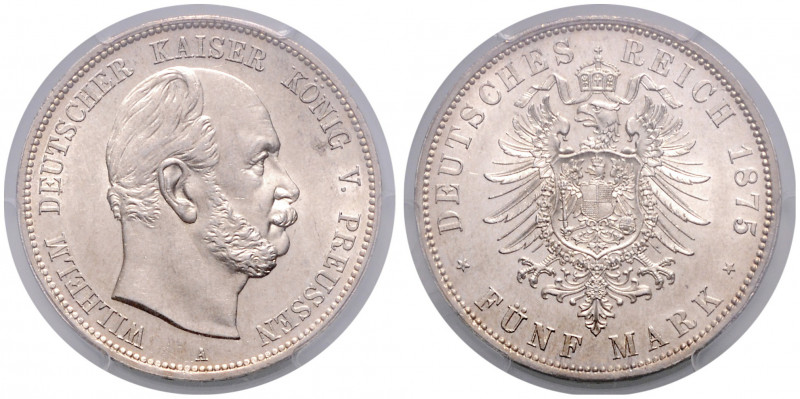 PREUSSEN, Wilhelm I., 1861-1888, 5 Mark 1875 A.
PCGS AU58
J.97