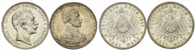 PREUSSEN, Wilhelm II., 1888-1918, 3 Mark 1911 A, 1913 A.
2 Stk., vz
J.103; 112