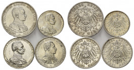 PREUSSEN, Wilhelm II., 1888-1918, 2 Mark 1913 A(kl.Kr.,vz/st)+3 Mark 1913 A(gereinigt,vz+). 25jähr.Reg.-Jub.; 3 Mark 1914 A(kl.Kr.,vz+)+5 Mark 1913 A(...