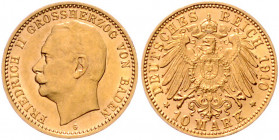 BADEN, Friedrich II., 1907-1918, 10 Mark 1910 G.
f.st
J.191