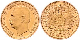 BADEN, Friedrich II., 1907-1918, 10 Mark 1910 G.
PP
J.191