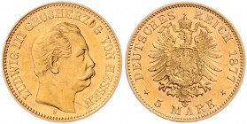 *HESSEN, Ludwig III., 1848-1877, 5 Mark 1877 H.
vz-st
J.215