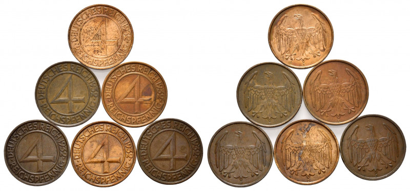 WEIMARER REPUBLIK, 1919-1933, 4 Reichspfennig 1932 A (vz), D, E, F, G (zapon.), ...